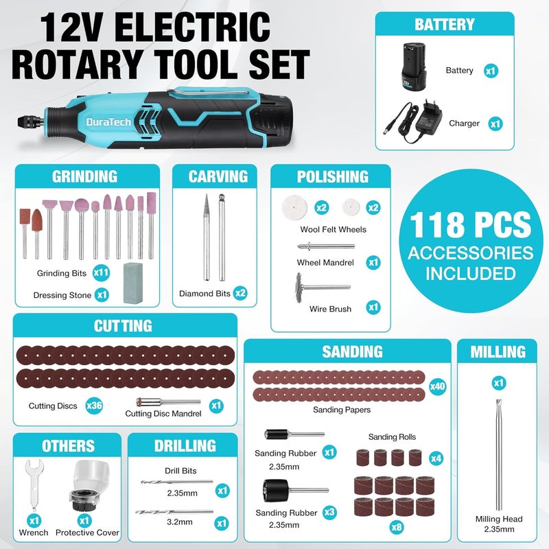 DURATECH Cordless Rotary Tool Kit, 12V Rotary Tool with 2.0Ah Rechargeable Battery, 5000-35000RPM 7 Variable Speed, 118PCS Accessories for Sanding, Polishing, Carving, Cutting, Drilling and DIY Crafts - Image 4
